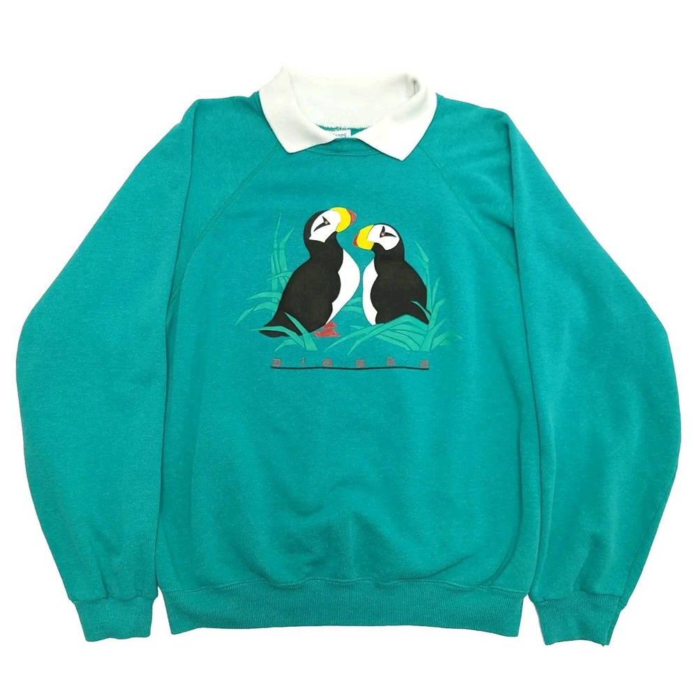 Vintage Hanes Womens XL Sweatshirt Teal Green‎ Puffin Alaska Collared Pullover
